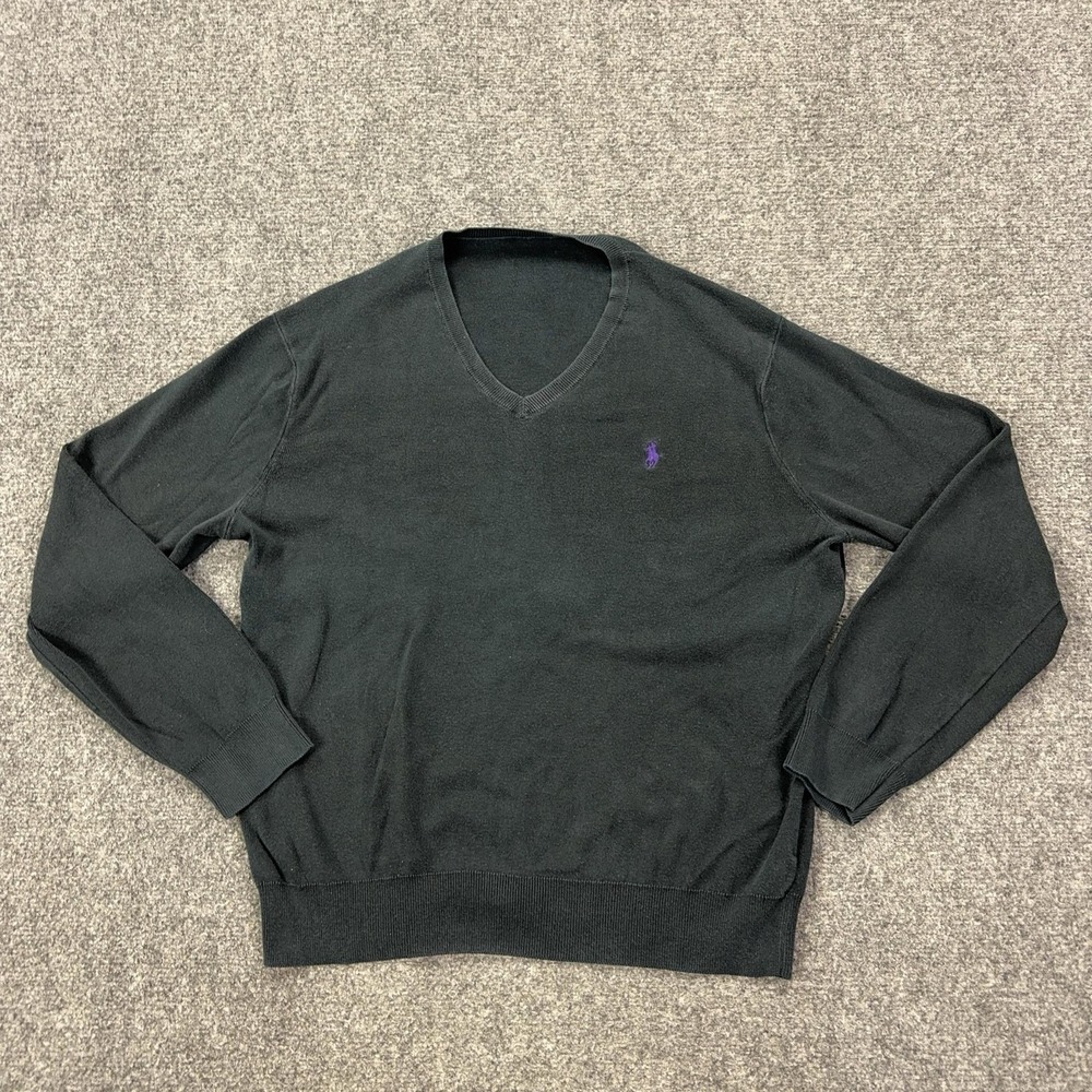 Polo Ralph Lauren Sweater Mens L Black V Neck Pima Cotton Knit Pullover Logo